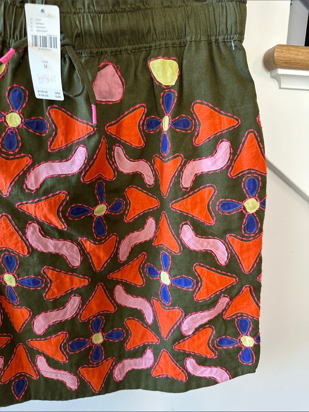 Anthropologie medium Olive Embroidered Floral Mini Skirt - Pink & Orange Accents - Picture 5 of 6